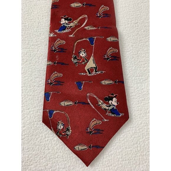 Mickey Unlimited Disney Men's Tie Mickey Goofy Fishing Red Novelty Vintage - Picture 1 of 5